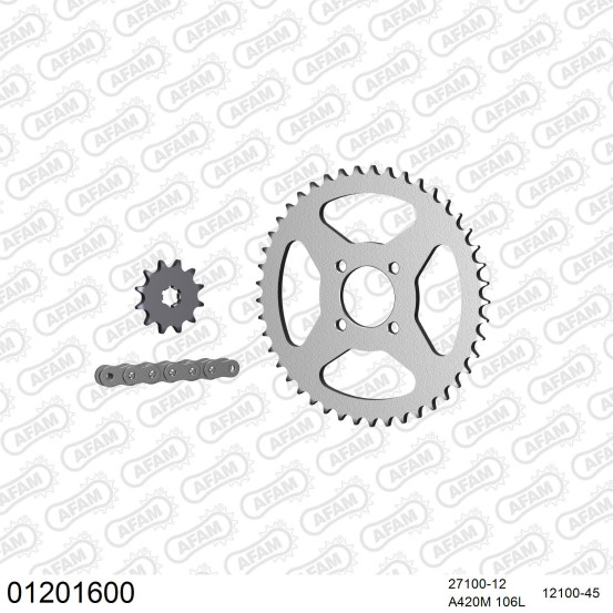 Kit chaine 420 AFAM - Couronne acier - Type de chaine au choix - YAMAHA DT 50 GEAR BOX 1978-1982