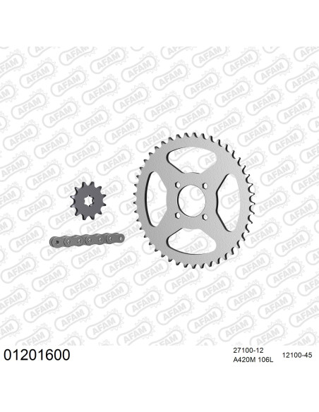 Kit chaine 420 AFAM - Couronne acier - Type de chaine au choix - YAMAHA DT 50 GEAR BOX 1978-1982