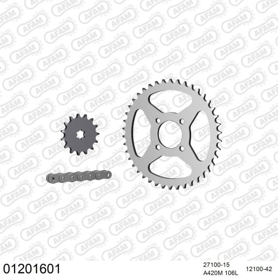 Kit chaine 420 AFAM - Couronne acier - Type de chaine au choix - YAMAHA DT 50 MX AUTOMATIC 1981-1985