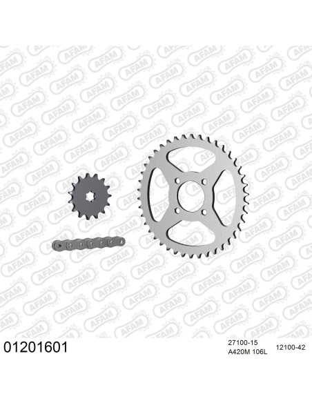 Kit chaine 420 AFAM - Couronne acier - Type de chaine au choix - YAMAHA DT 50 MX AUTOMATIC 1981-1985