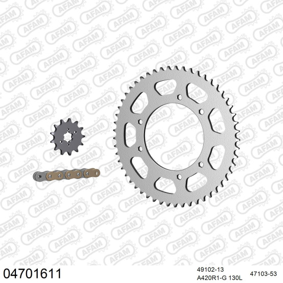 Kit chaine 420 AFAM - Couronne acier - Type de chaine au choix - DERBI 50 R X-TREME 2003-2005