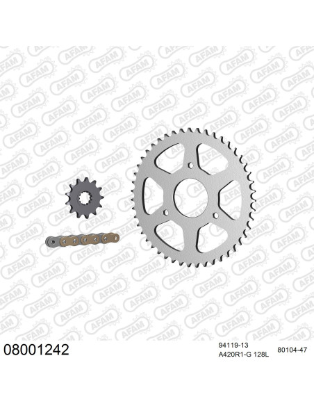 Kit chaine 420 AFAM - Couronne acier - Type de chaine au choix - RIEJU 50 RS2 MATRIX 2002-2003