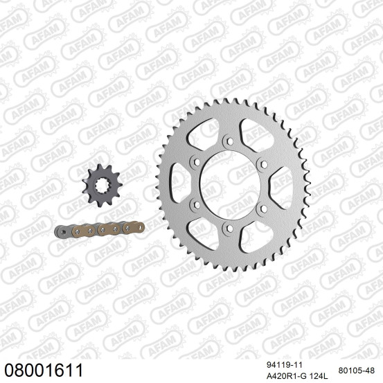 Kit chaine 420 AFAM - Couronne acier - Type de chaine au choix - RIEJU 50 RR / SPIKE SM 2003-2004