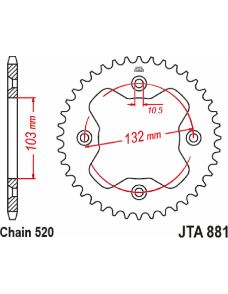 Couronne alu orange JT - 38 dents - Pas 520 - Réf JTA881.38ORG