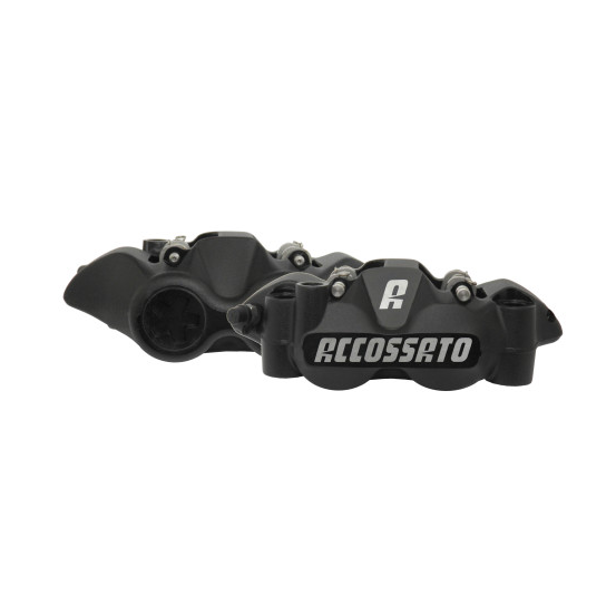 Paire d'étriers de freins radiaux monoblocs forgés anodisés noirs ACCOSSATO - Pistons alu - Entraxe 108mm - Plaquettes fritté