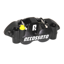 Etrier de frein radial gauche monobloc forgé anodisé noir ACCOSSATO - Pistons alu - Entraxe 108mm - Plaquettes céramiques inc