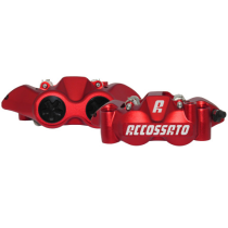 Paire d'étriers de freins radiaux monoblocs forgés anodisés rouges ACCOSSATO - Pistons alu - Entraxe 108mm - Plaquettes fritt