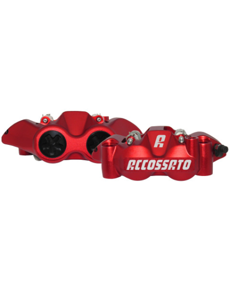 Paire d'étriers de freins radiaux monoblocs forgés anodisés rouges ACCOSSATO - Pistons alu - Entraxe 108mm - Plaquettes fritt