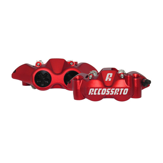 Paire d'étriers de freins radiaux monoblocs forgés anodisés rouges ACCOSSATO - Pistons alu - Entraxe 108mm - Plaquettes céram