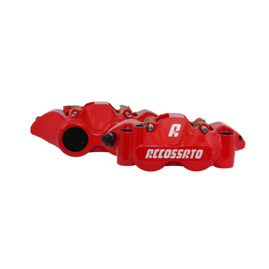 Paire d'étriers de freins radiaux monoblocs forgés rouges ACCOSSATO - Pistons alu - Entraxe 108mm - Plaquettes céramiques inc