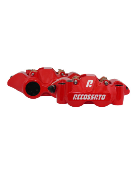 Paire d'étriers de freins radiaux monoblocs forgés rouges ACCOSSATO - Pistons alu - Entraxe 108mm - Plaquettes céramiques inc