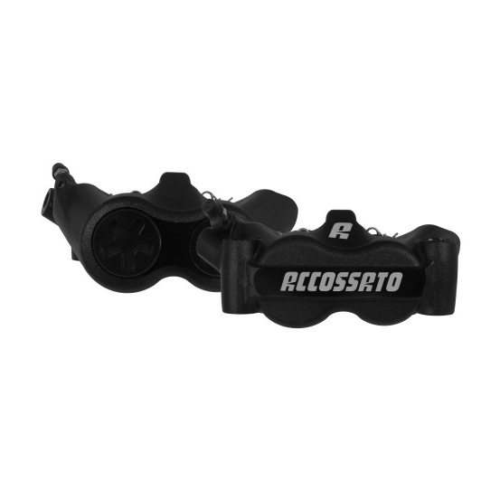 Paire d'étriers de freins radiaux monoblocs forgés anodisés noirs ACCOSSATO - Pistons alu - Entraxe 100mm - Plaquettes fritté