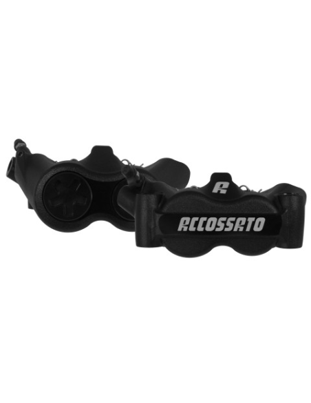 Paire d'étriers de freins radiaux monoblocs forgés anodisés noirs ACCOSSATO - Pistons alu - Entraxe 100mm - Plaquettes fritté