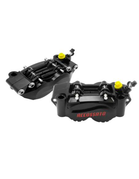Paire d'étriers de freins radiaux usinés CNC anodisés noirs ACCOSSATO - Pistons alu - Entraxe 108mm - Plaquettes frittées inc