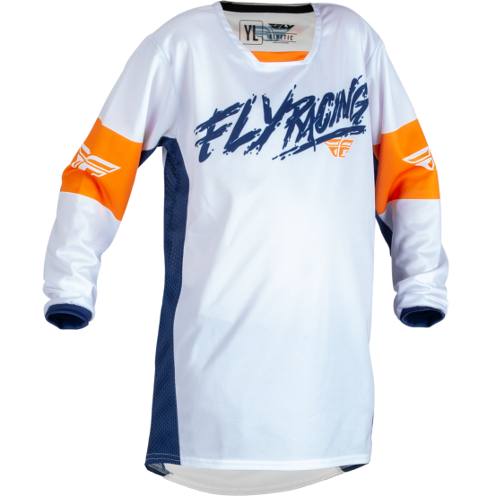 Maillot cross enfant Fly Racing 2023 Kinetic Khaos - Blanc Bleu Orange