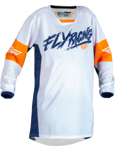 Maillot cross enfant Fly Racing 2023 Kinetic Khaos - Blanc Bleu Orange
