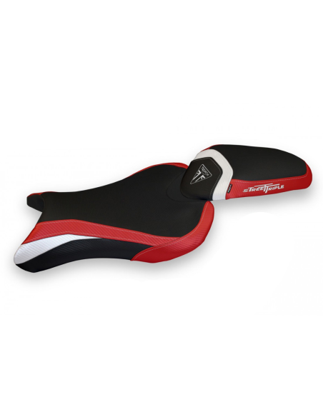 Housse de selle modèle Confort blanche et rouge TAPPEZZERIA - Avec logo brodé - TRIUMPH STREET TRIPLE 2017-22
