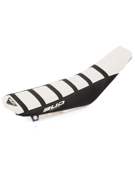 Housse de selle BUD Full Traction KTM SX SXF 2023 - 2024 EXC F TPI 2024 Blanc Noir Bandes Noires