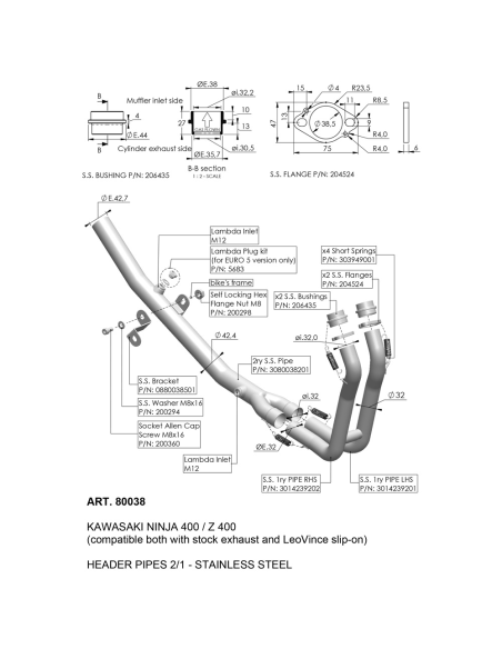 Collecteur d'échappement LEOVINCE Collecteur d'échappements KAWASAKI Z 400/NINJA 400 2018 - 2023 Inox
