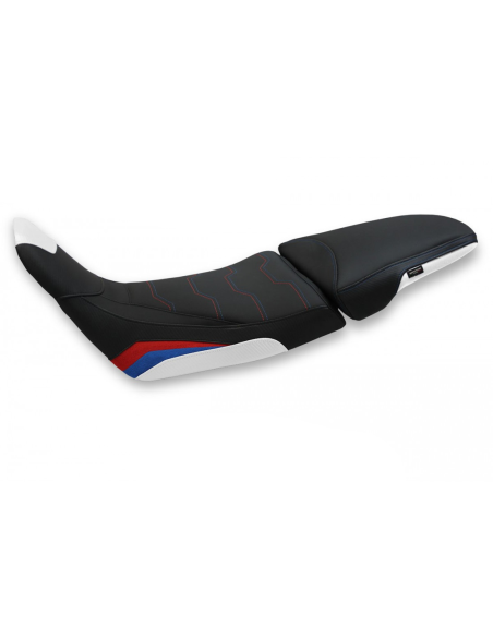 Housse de selle modèle Confort blanche rouge et bleue TAPPEZZERIA - Avec logo brodé - HONDA AFRICA TWIN 1100 2020-22