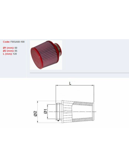 Filtre conique BMC avec capuchons en ABS Ø 60 mm