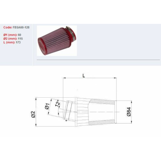 Filtre conique BMC Dimensions Ø60 mm