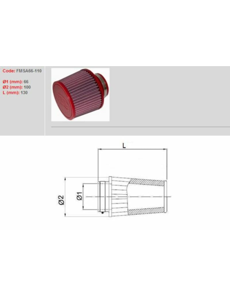 Filtre conique BMC avec capuchons en ABS Ø 66 mm