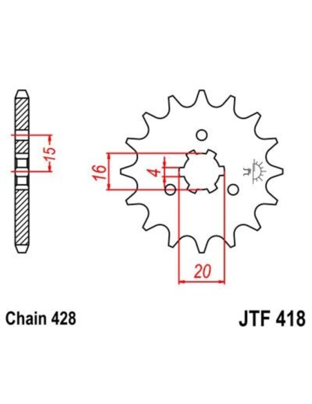 Pignon acier JT - 15 dents - Pas 428 - Réf JTF418.15