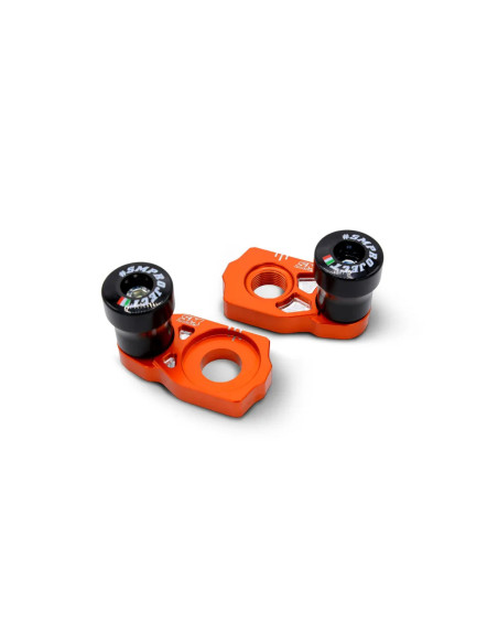 Tendeurs de chaine oranges avec protections SM PROJECT - Axe 25mm - GAS GAS / HUSQVARNA / KTM