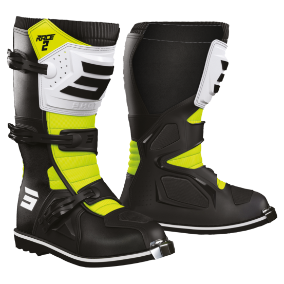 Bottes cross enfant Shot Race 2 - Noir Blanc Jaune Fluo