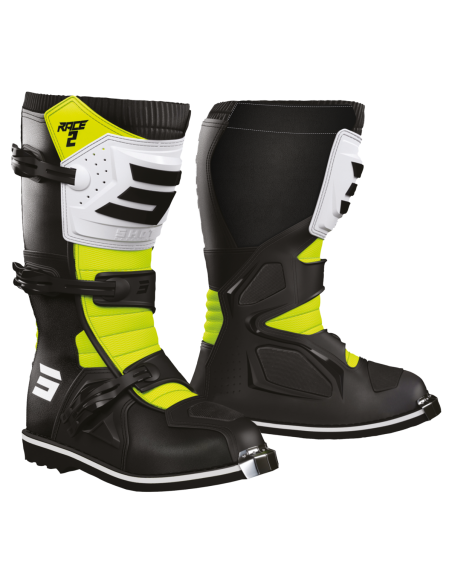 Bottes cross enfant Shot Race 2 - Noir Blanc Jaune Fluo
