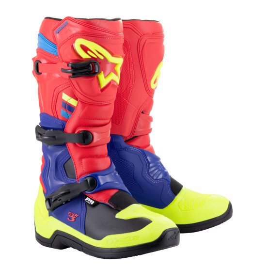 Bottes cross Alpinestars Tech 3 - Rouge Bleu Jaune Fluo