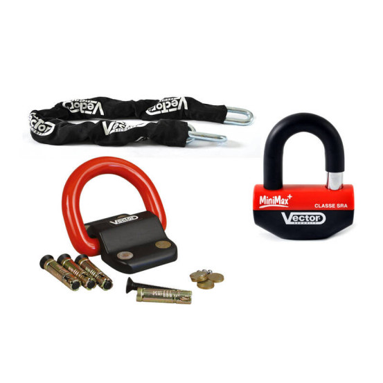 Kit antivol SRA VECTOR - chaîne 1,30m + cadenas/bloque-disque MiniMax+ + Fixation Compac Blok