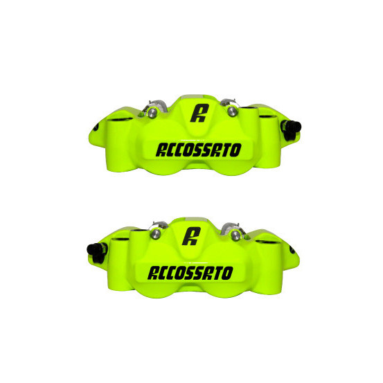 Paire d'étriers de freins radiaux monoblocs forgés jaunes ACCOSSATO - Pistons alu - Entraxe 108mm - Plaquettes frittées inclu…
