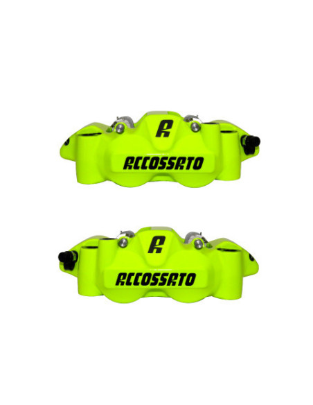 Paire d'étriers de freins radiaux monoblocs forgés jaunes ACCOSSATO - Pistons alu - Entraxe 108mm - Plaquettes frittées inclu…