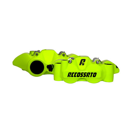 Paire d'étriers de freins radiaux monoblocs forgés jaunes ACCOSSATO - Pistons alu - Entraxe 108mm - Plaquettes céramiques inc