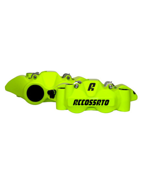 Paire d'étriers de freins radiaux monoblocs forgés jaunes ACCOSSATO - Pistons alu - Entraxe 108mm - Plaquettes céramiques inc