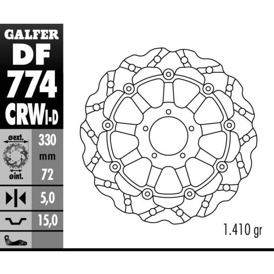 Disque de frein GALFER wave flottant TSUNAMI route côté gauche frette alu 330x5mm