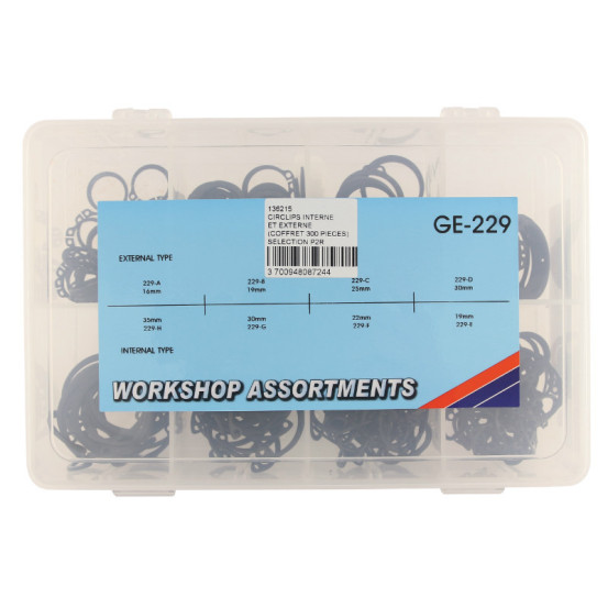 Coffret de 300 circlips exterieur / interieur diam 16 à 35 mm