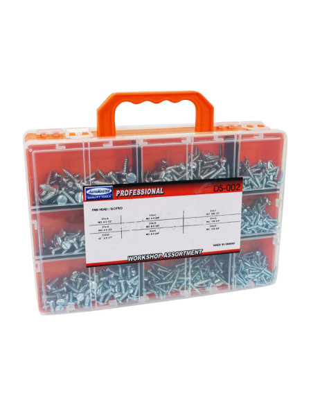 Coffret de 600 vis autotaraudeuse à tête plate fendue et cylindrique (assortiment)