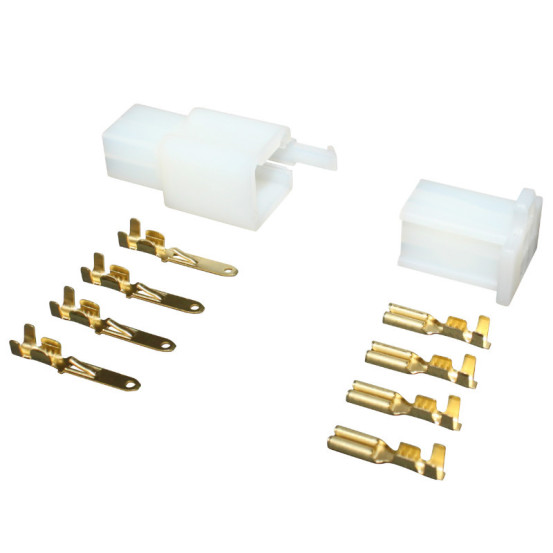Connecteur électrique plastique 4 fiches (4 cosses plates males + 4 cosses plates femelles)