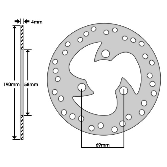 Disque de frein avant Peugeot 50 TKR / Trekker / Vivacity / Buxy / Citystar  (ext 190mm / int 58mm / 3 trous)