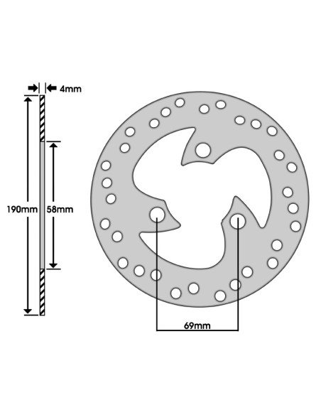 Disque de frein avant Peugeot 50 TKR / Trekker / Vivacity / Buxy / Citystar  (ext 190mm / int 58mm / 3 trous)