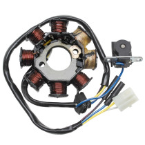 Stator d'allumage 50cc 4T Chinois GY6 139QMB / Peugeot V-Clic / Kymco Agility / Sym Orbit (8 pôles / version 1 / 4 fils)
