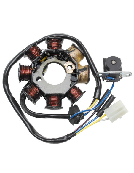 Stator d'allumage 50cc 4T Chinois GY6 139QMB / Peugeot V-Clic / Kymco Agility / Sym Orbit (8 pôles / version 1 / 4 fils)