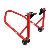 Lève moto / béquille de stand avant universel acier rouge avec support rouleaux caoutchouc