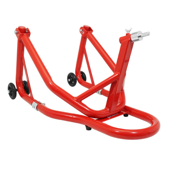 Lève moto / béquille de stand avant fixation sous te de fourche acier rouge (hauteur 68 cm)