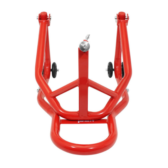 Lève moto / béquille de stand avant fixation sous te de fourche acier rouge (hauteur 68 cm)