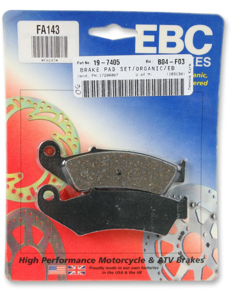Plaquettes de frein EBC BRAKES FA143 organique - HONDA