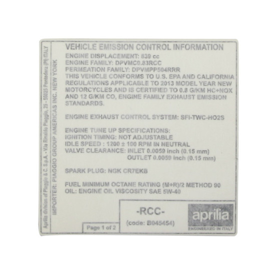 Autocollant / sticker / décor de control des emissions origine Piaggio Aprilia Na Mana 850 2009-2016
